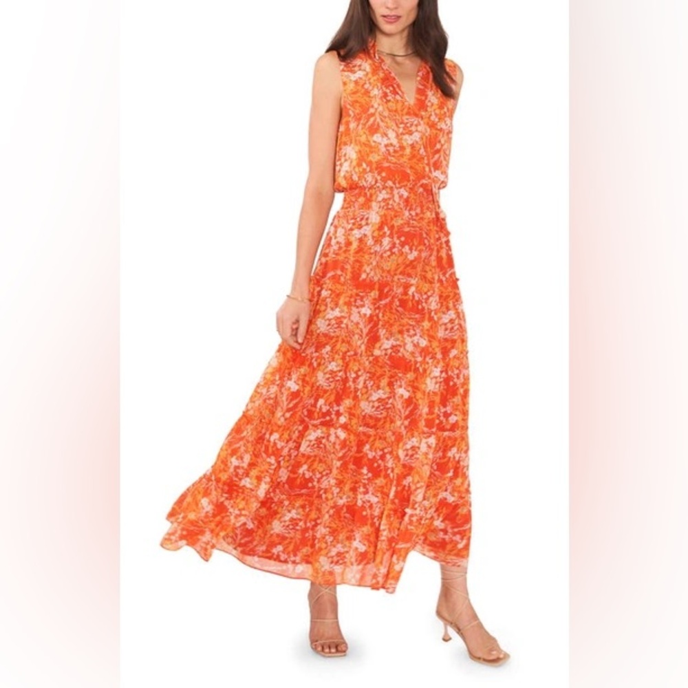 1.STATE NWT Vibrant Orange Paisley Sleeveless Tiered Maxi Dress Size S